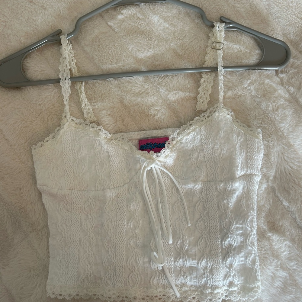 Edikted Cream Smocked Tie Front Crop Top
